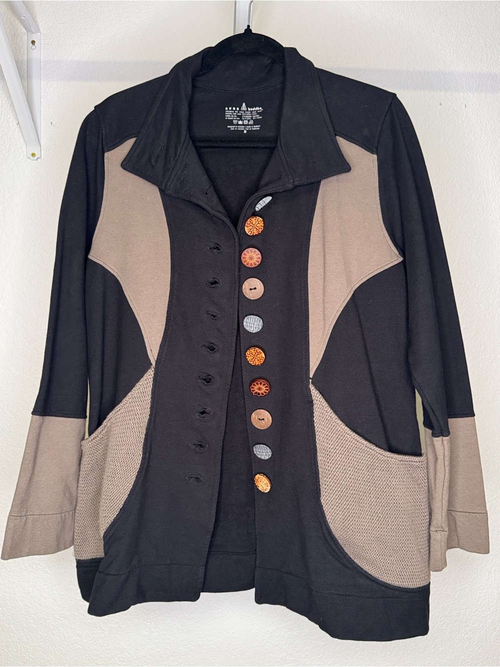 Neon Buddha Mixed Button Colorblock Jacket Sweatshirt Blazer Beige Black Size M